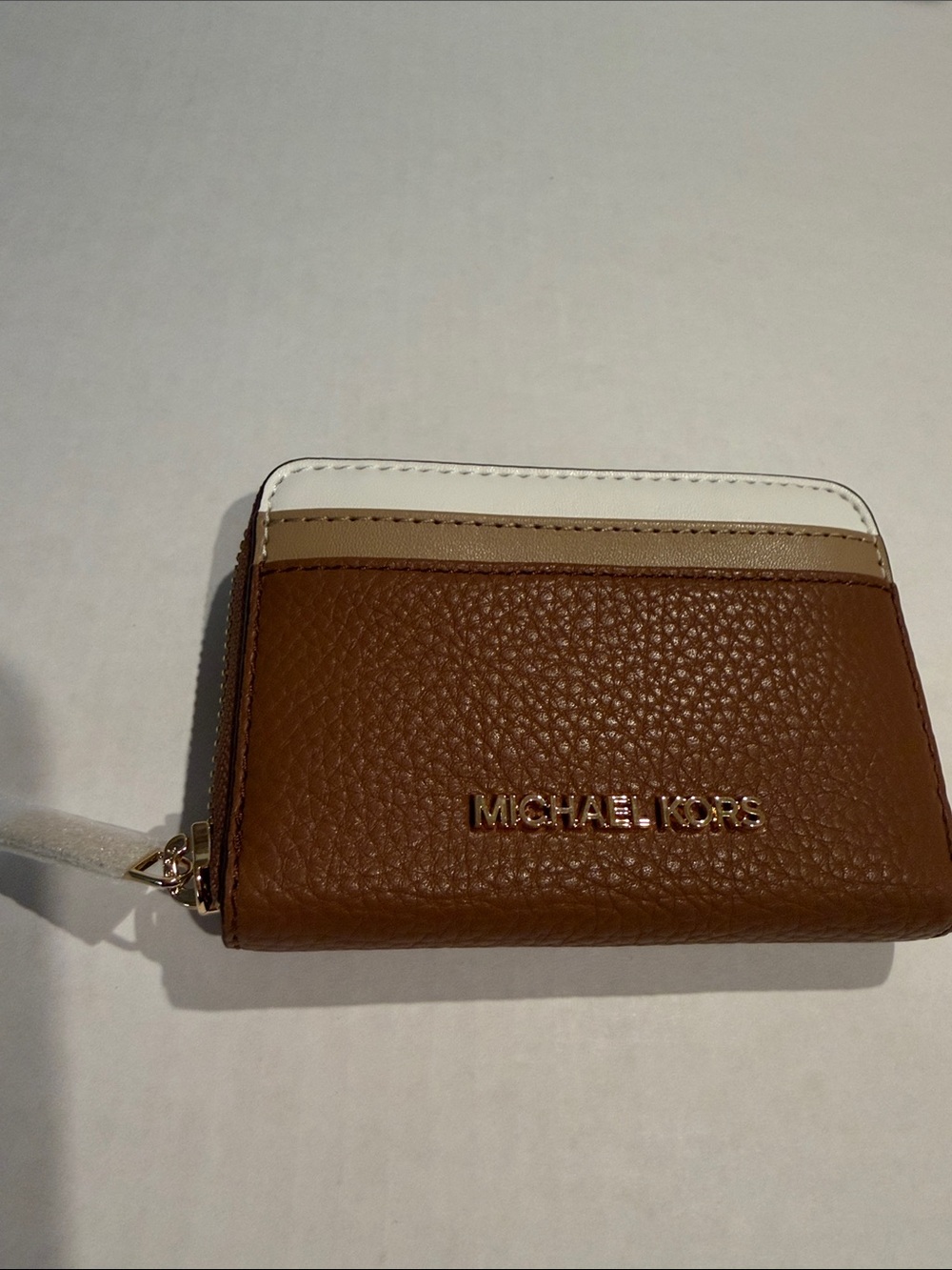 Michael Kors Brown, White & Tan Pebbled Leather Zip Card Wallet